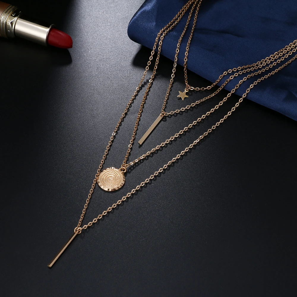 KISSWIFE Новое винтажное Бохо многослойное ожерелье с подвеской для женщин Золотая Звезда рога металлическое ожерелье в этническом стиле воротник