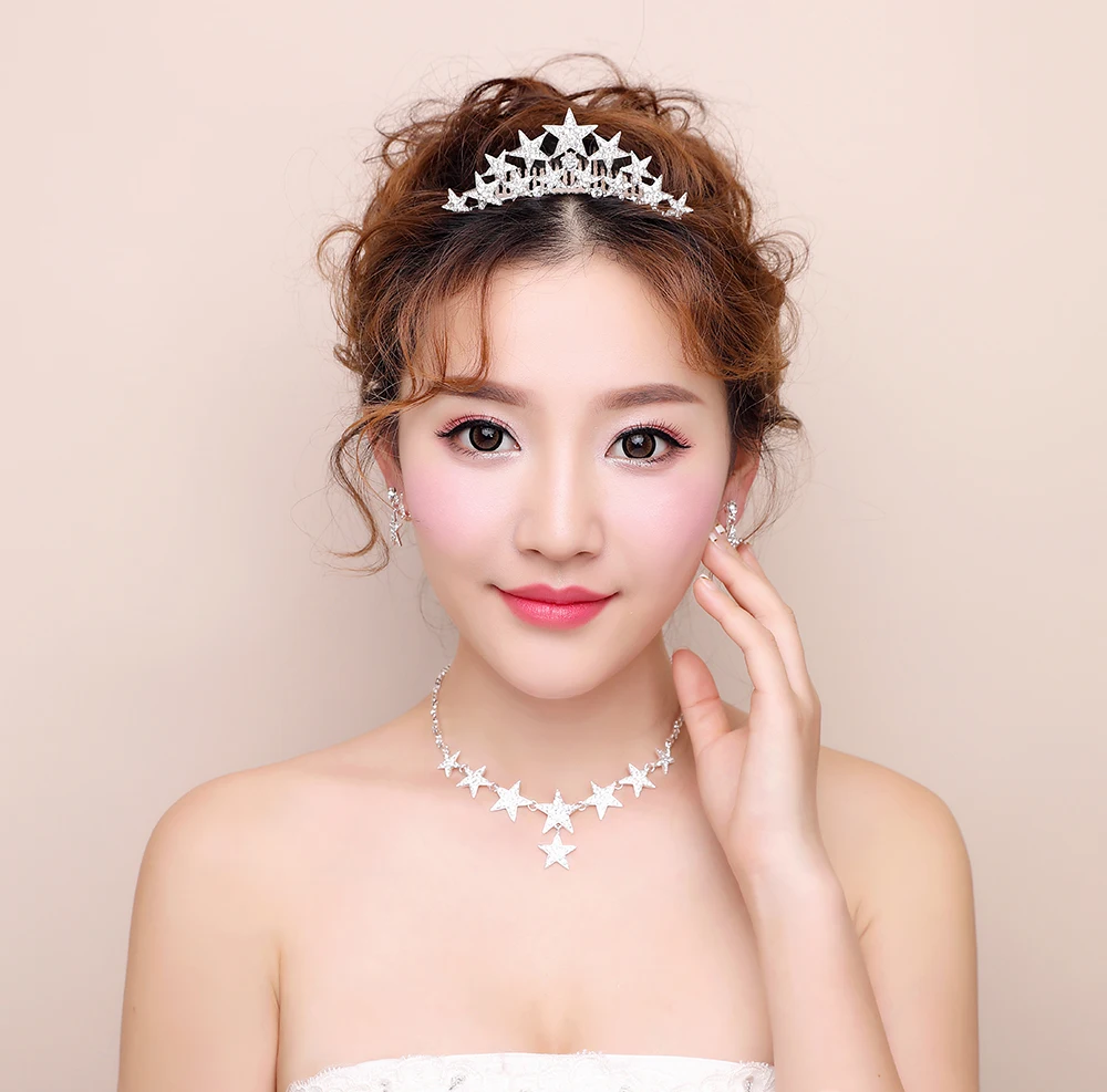 

Bridal Sparkly Rhinestone Crystal Stars Necklace Pendant Earrings Brides Jewelry Sets Bling Brides Crown Tiara for Wedding Prom