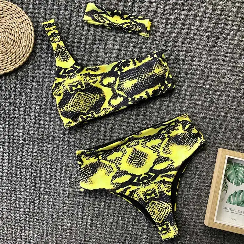 

Women Split Swimsuits Snake Skin Printed One Shoulder Bra Bikini + Swimming Briefs KH889