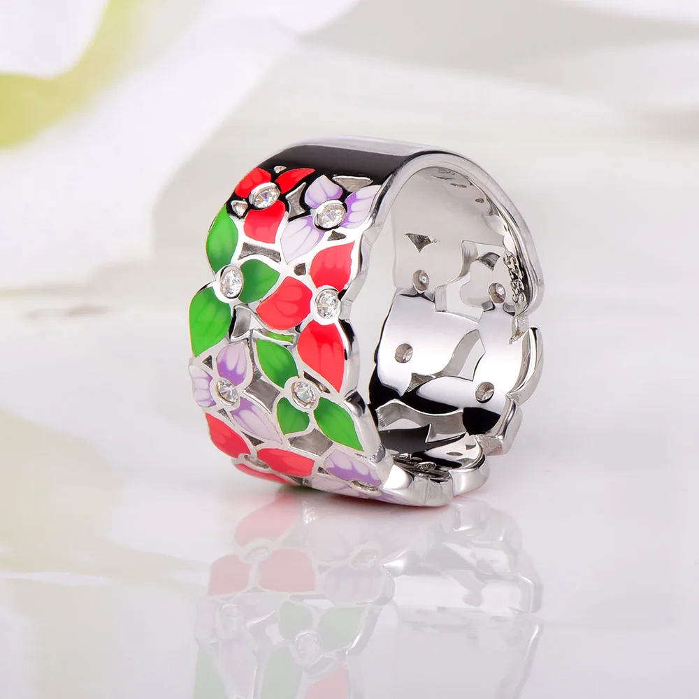 RainMarch полый цветок серебряное эмалированное кольцо для женщин подлинное 925 пробы Серебряное кольцо ручной работы Свадебная вечеринка эмалированное ювелирное изделие