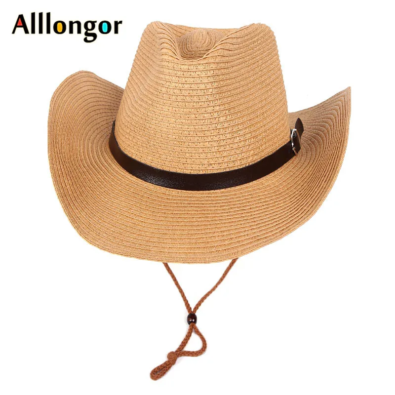Западные Ковбойские шляпы мужские летние широкие поля, из соломы шляпа от солнца с поясом Sunhat chapeau femme ete пляжная шляпа capelusz - Цвет: Хаки