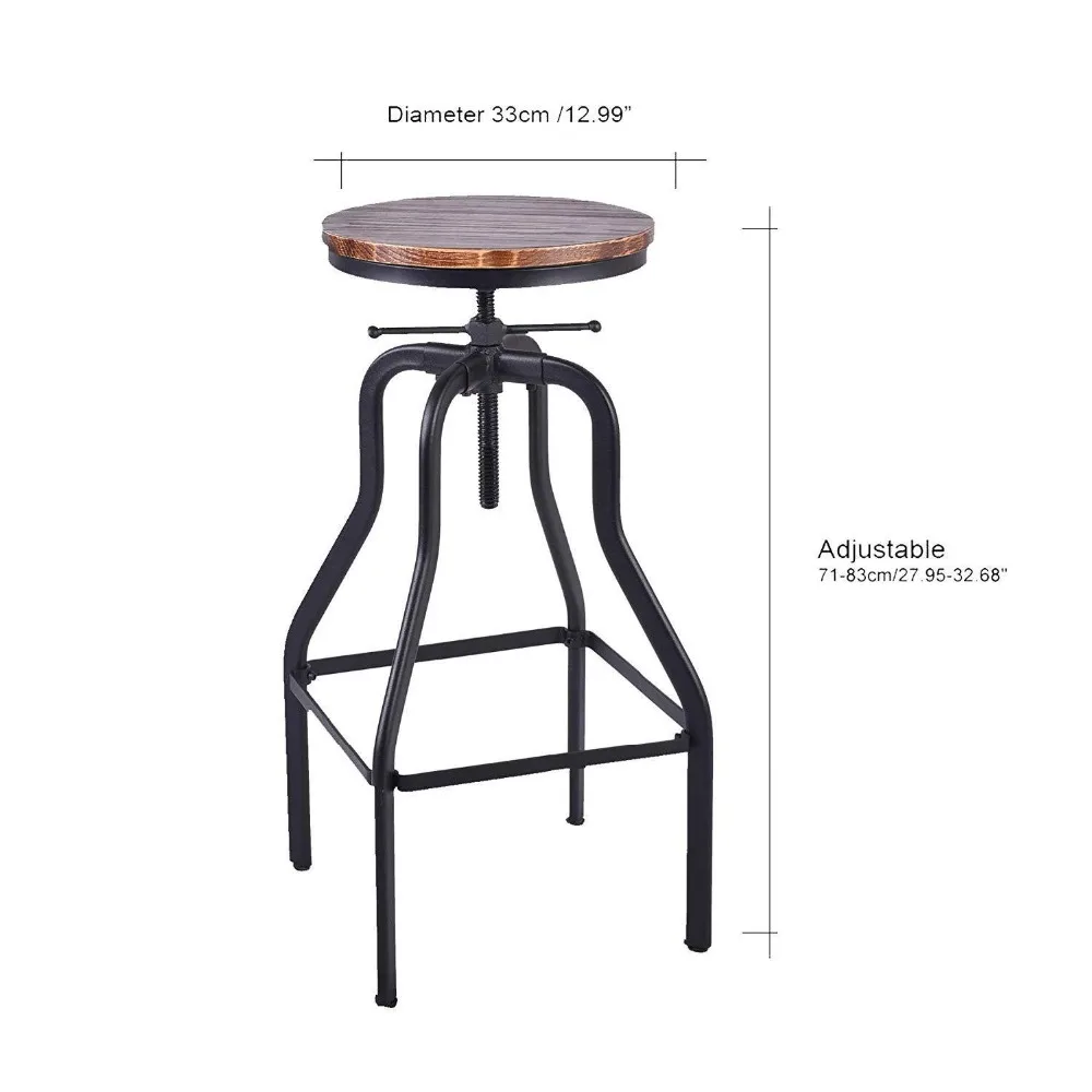 Vintage Bar Stools Industrial Adjustable Height Swivel Natural Pinewood Seat Kitchen Dining Breakfast Chair
