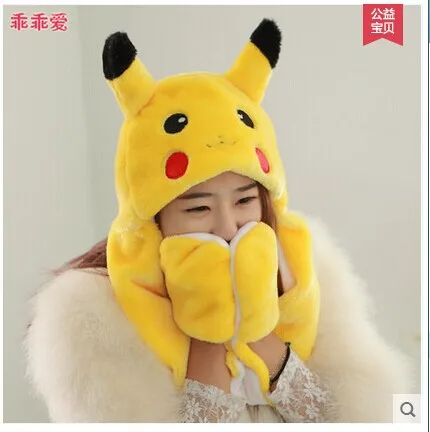 

lovely pikachu hat plush toy with gloves pikachu plush anime cosplay long warm earflap about 90cm plush toy gift b0554