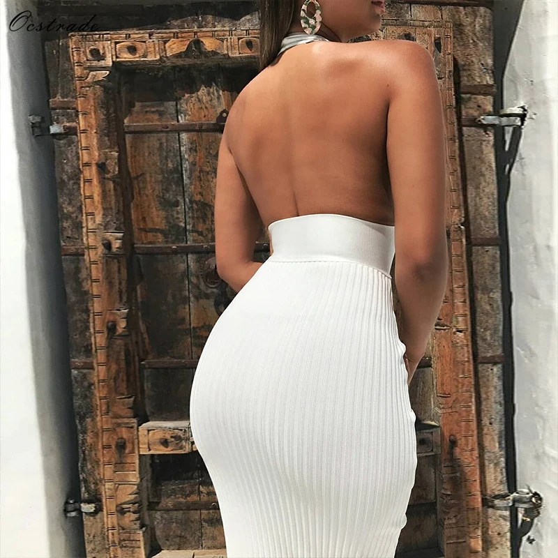 Ocstrade Womens Sexy Bandage Dress Club Wear Summer Backless White Bodycon Dresses Hollow Out Vneck Long Maxi Bandage Dress