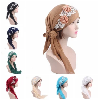 

2019 NEW Fashion Women Flower Muslim Embroidery Cancer Chemo Hat Beanie Scarf Turban Head Wrap Cap F54