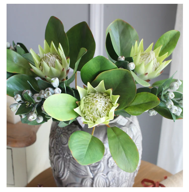 3 шт. зеленый король Protea cynaroides 51 см Длина Искусственные цветы Букеты Свадебные дома магазин декоративные поддельные цветок