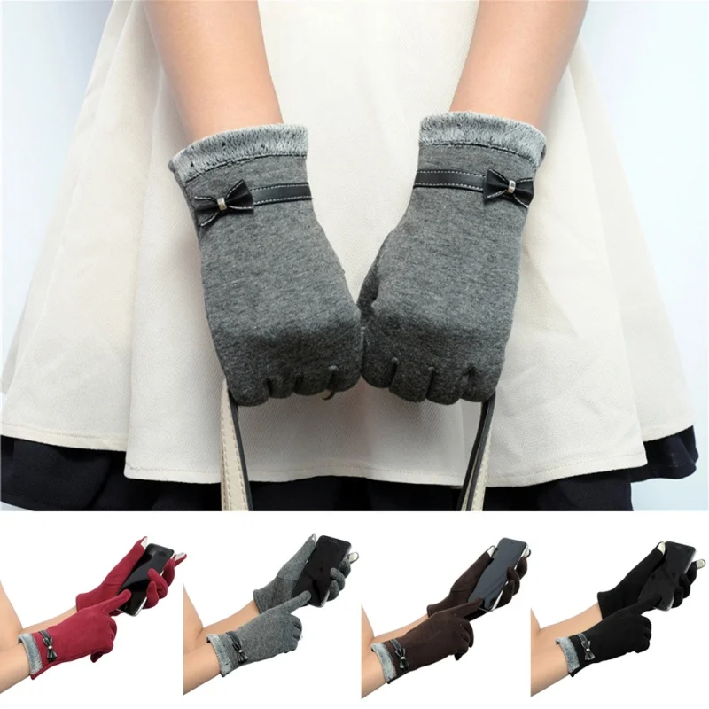 Cute Women Touch Screen Knitted Wrist Gloves Mittens Bowknots Flower