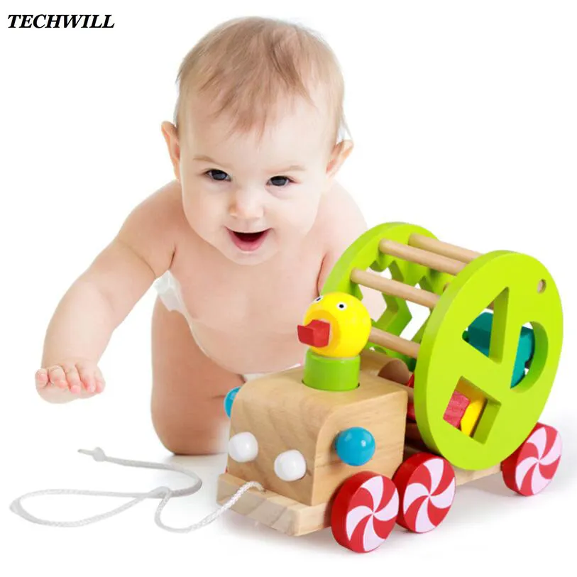 Baby Toys Wooden Duck Trailer Building Blocks Educational Toys For