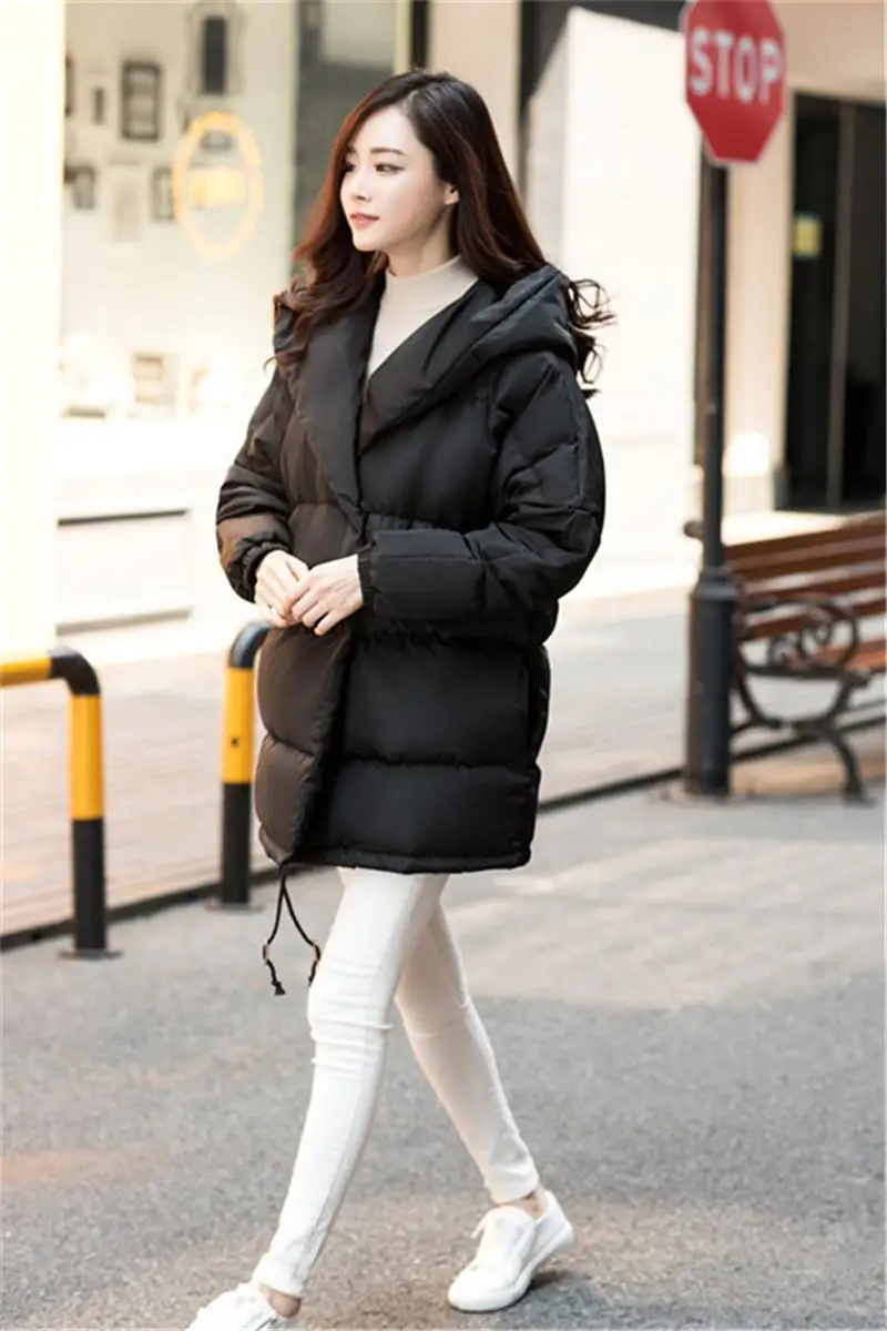 Зимнее женское Свободное пальто, модные милые парки, куртка с капюшоном, пальто средней длины, повседневная утепленная куртка на утином