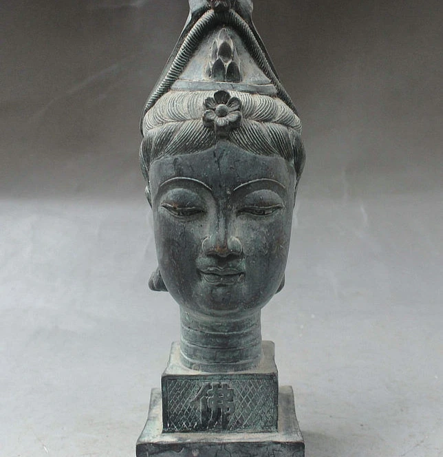 

10" Old Tibet Temple Bronze Kwan-Yin Bodhisattva GuanYin Head Seal Stamp Signet