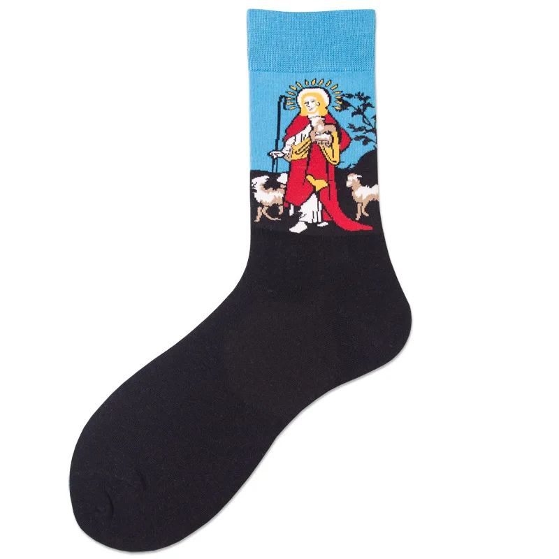 Новинка осень зима Звездная ночь ретро мужская индивидуальность Искусство Ван Гог знаменитая живопись мужские носки масло Смешные забавные носки - Цвет: Jesus Blue