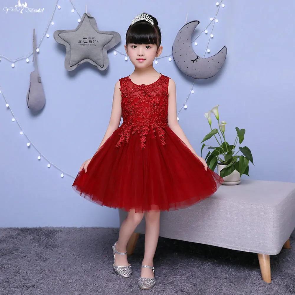 TF005 Red wine Sleeveless O Neckline Fower Girl Dresses Kids Beauty