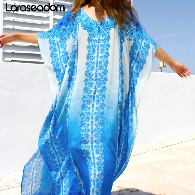 

Blue Kaftan Beach Cotton Cover up 2019 Summer Women Beachwear Cotton Tunic Oversize Bikini Cover-ups Robe de Plage Sarong#Z046