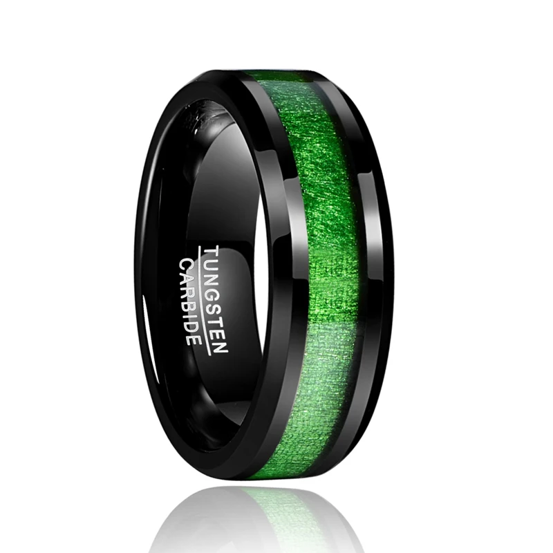 Online Anillo de acero de tungsteno negro de arce con incrustaciones de línea verde para hombres Vintage de 2018