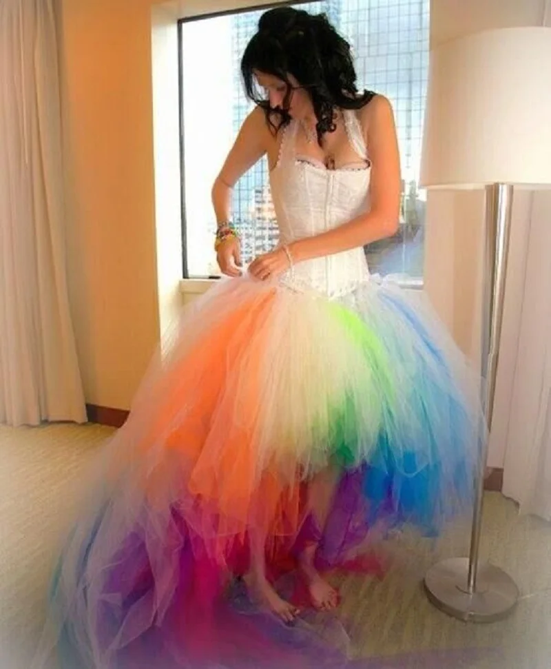 Real-Photo-White-and-Rainbow-Wedding-Dress-Tulle-Lace-Up-Back-High-Low-Wedding-Gowns-Bridal