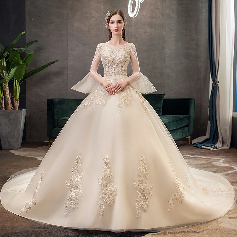 

Mrs Win 2019 Champange Wedding Dress With Big Train Half Flare Sleeve Lace Wedding Gown Princess Vintage Wedding Dresses X