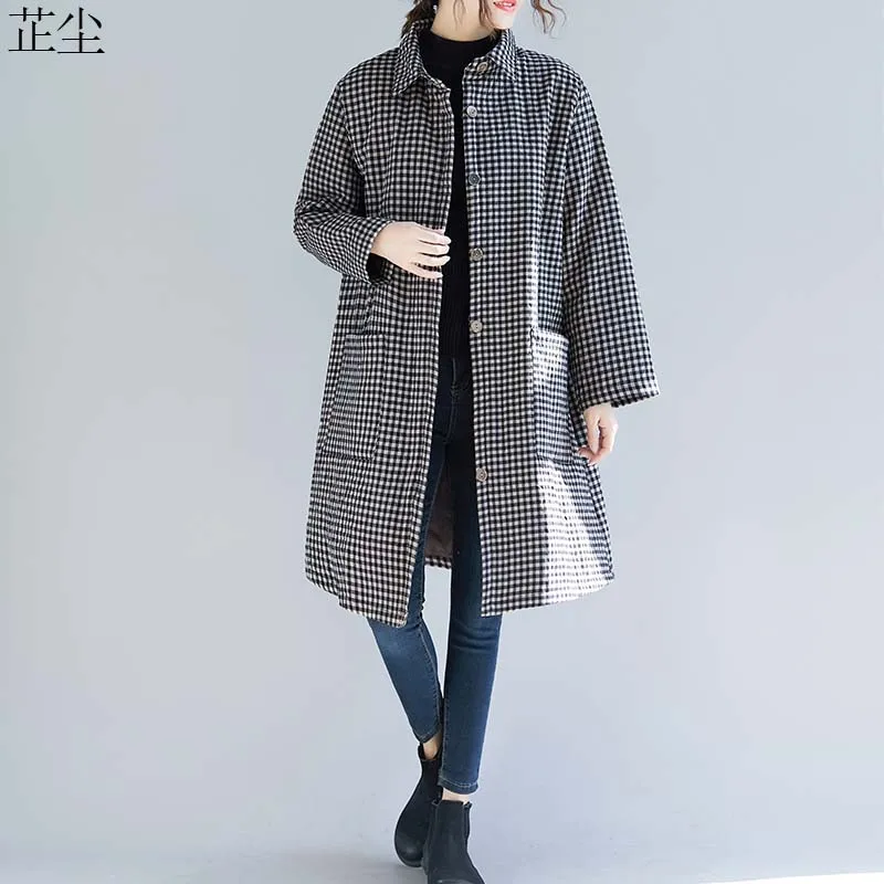 

Plus Size Women Autumn Winter Coat Oversize Loose Long Sleeve Thicken Plaid Long Jacket Big Size Cotton Quilted Windbreaker 5XL