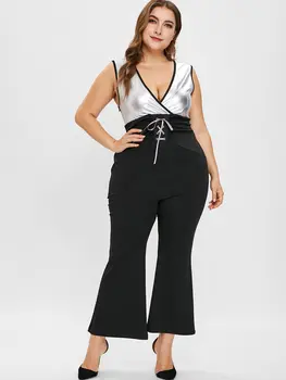 

Wipalo Plus Size Sleeveless V Neck Contrast Flare Jumpsuit With Lace Up Surplice Two Tone High Waisted Color Block Jumpsuit 4XL