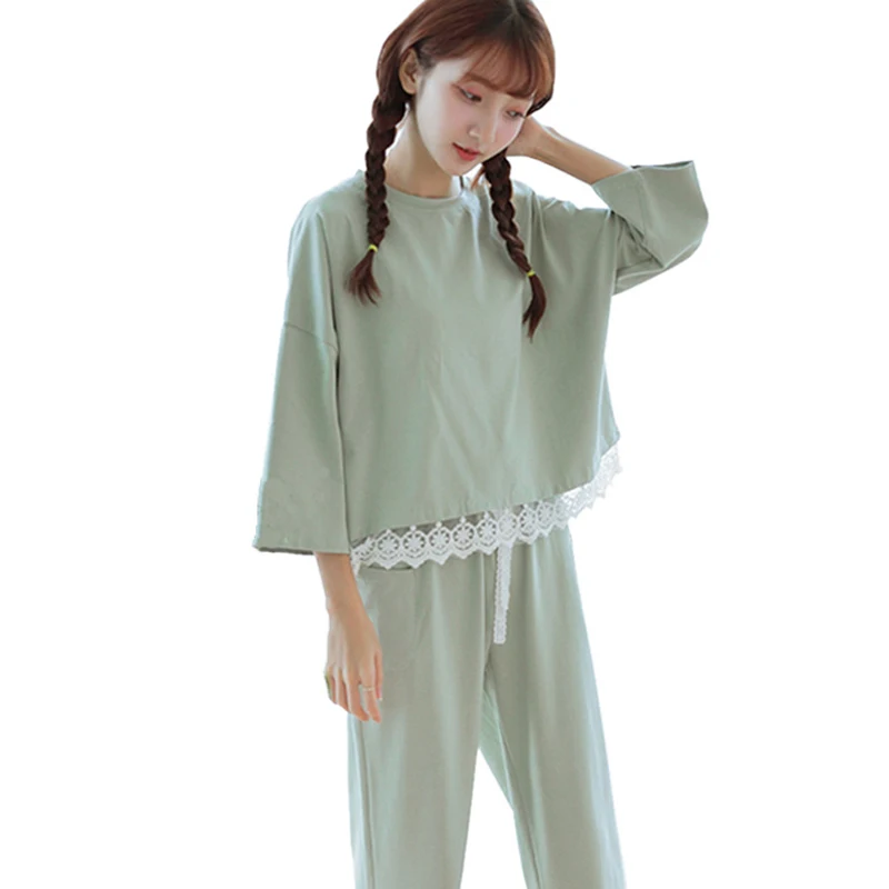 

New Women Pajama sets Girl Long Sleeve T-shirt Pant Home Suit Lace Stitching Mint Green Pajamas Suit DO99
