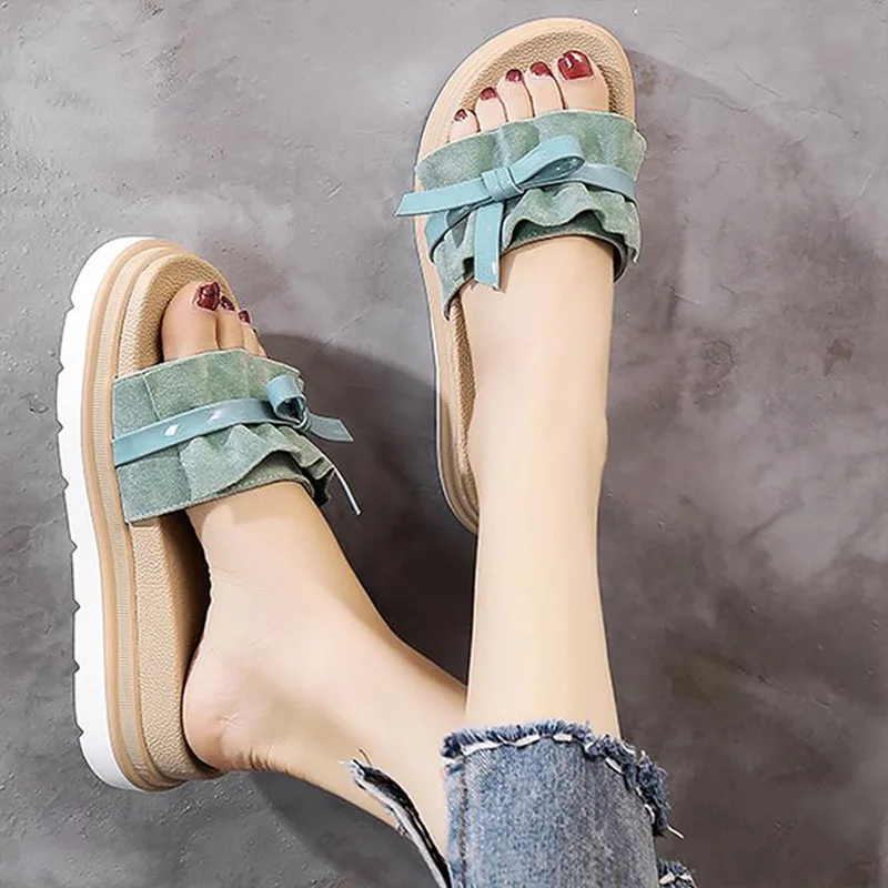 

Women's slippers for the summer Flower Platform shoes Flock Open toe Shoes woman Non-slip Light green Zapatos de mujer