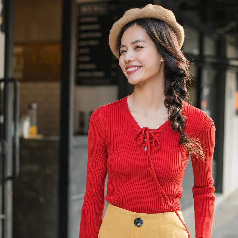 

INMAN Autumn New Arrival V Neck Lace Up All Matched Women Pullover Sweater