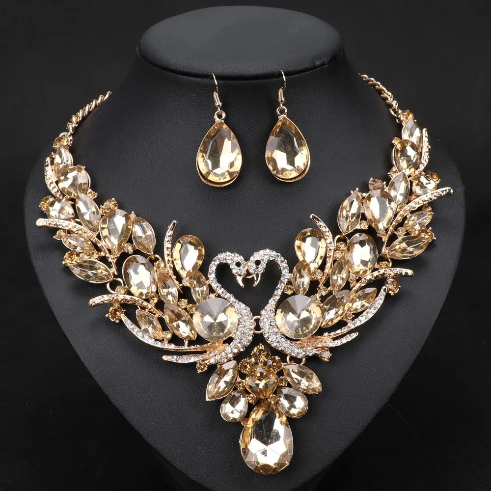 Кристалл Свадебные Ювелирные наборы золотой лебедь кулон ожерелье для женщин подарок вечерние на свадьбу Выпускной ожерелье серьги аксессуары