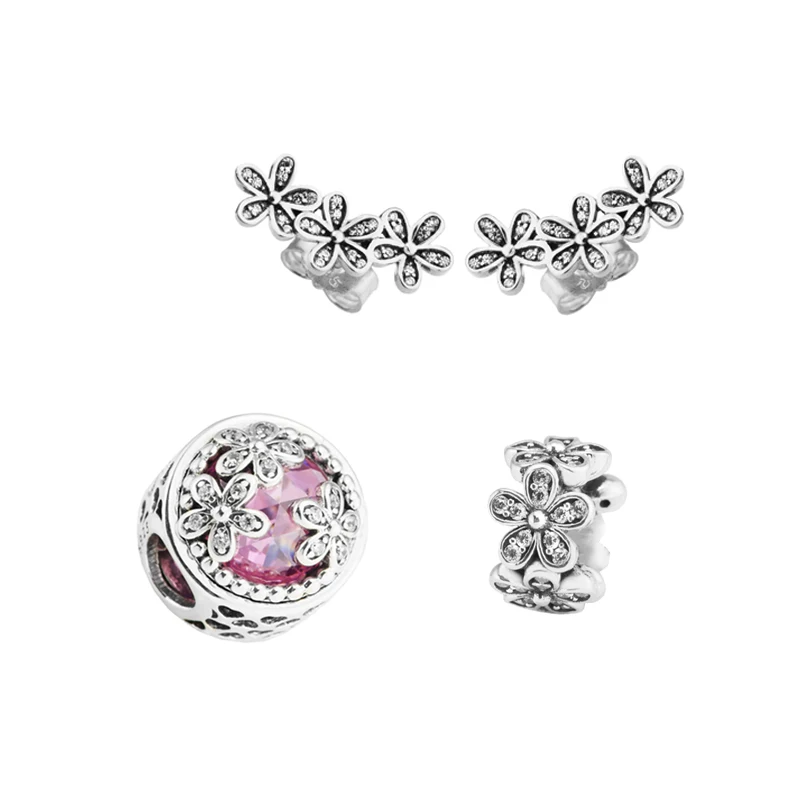 

Beads Stud Earrings Spring Dazzling Daisies 100% 925 Sterling Silver Clear CZ Jewelry Set for Women Gift free shipping
