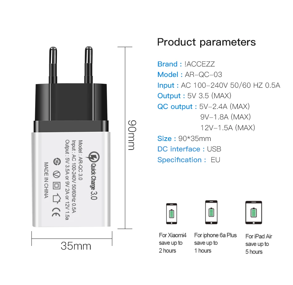 !ACCEZZ Universal Quick Charge 3.0 Charging Adapter For iphone 5s 7 X Samsung s10 Plus 1 USB Travel Wall Charger EU Plug Charger-8