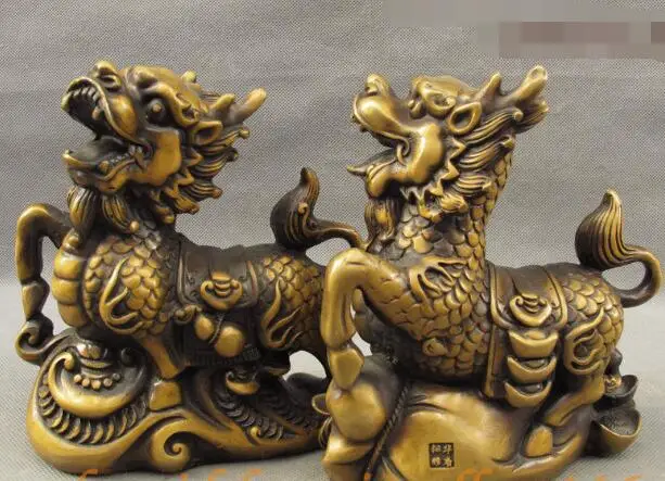 

S1545 FengShui Chinese Bronze Animals Wealth Lucky Dragon Kylin Unicorn Statue Pair