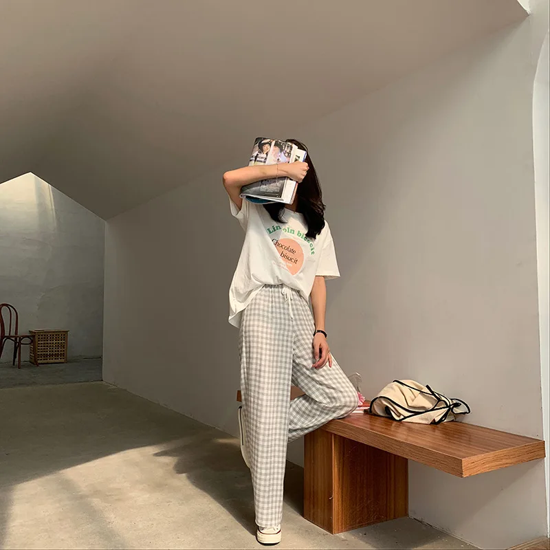 Summer Plaid Straight Trousers Women Casual Full Length Drawstring Loose Korean Pants High Waist Women Clothes 2019 new 89387 Summer Plaid Straight Trousers Women Casual Full Length Drawstring Loose Korean Pants High Waist Women Clothes 2019 new 89387