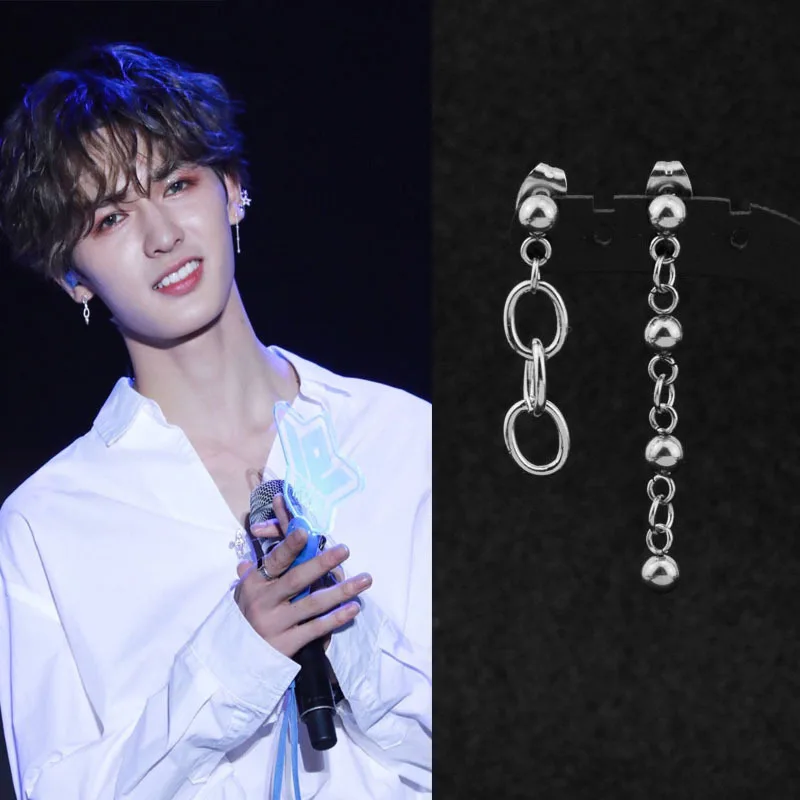 

Unisex Punk Earrings Korean Boys Stainless Steel Asymmetry Stud Earring Bead chain Ear Clip Rock Hip Hop Hipster Grunge Accessor