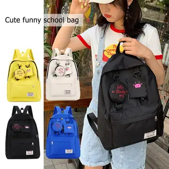 

Cute Pig Pendant Travel Backpacks Women School Knapsack Canvas Rucksack