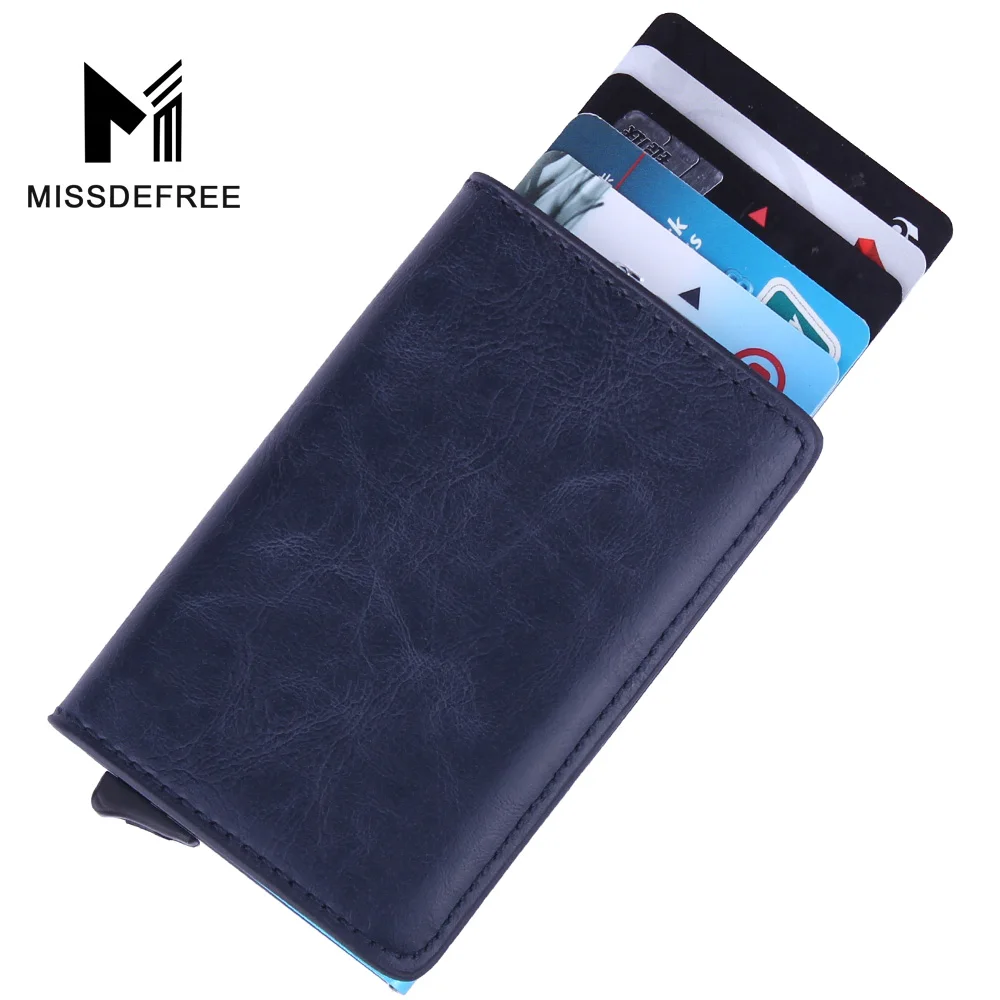 

RFID PU Leather Card Holder Men & Women Mini Metal Automatic Vintage Wallet Money Coin Key Cash Slim Short Purse - 2019 Version