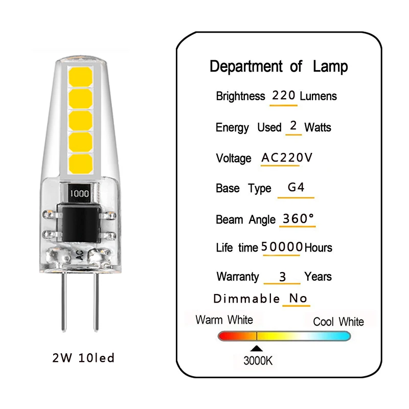 6 шт. G4 светодиодные лампы 2 Вт 220 В лампада Светодиодные Ampul 10led 360 Угол луча 2835SMD
