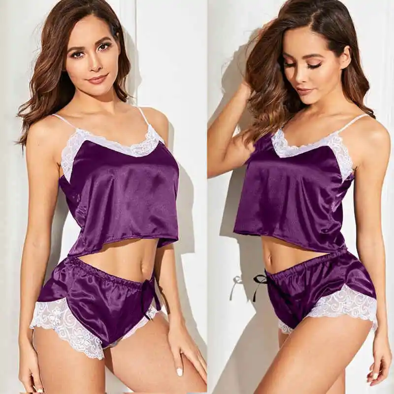 

Women Lace Satin Silk Pajama Sets Lingerie Exotic Apparel Solid Color Tops Shorts Set Ladies Causal Sleepwear Nightwear