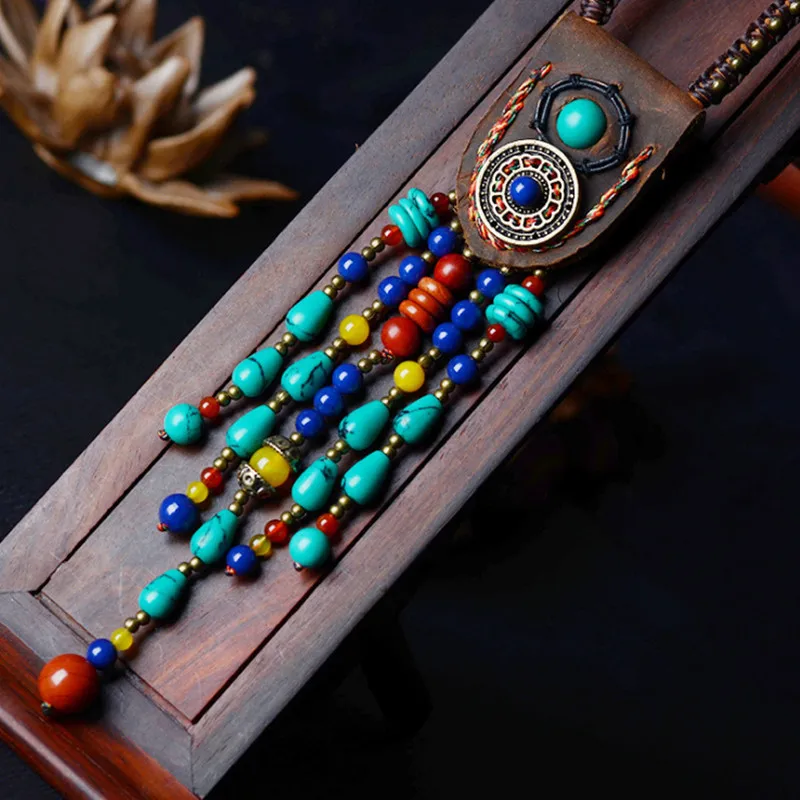 

Yanting long boho necklace for women fashion ethnic leather neklace vintage style stone beads necklace long tassel new gift 010