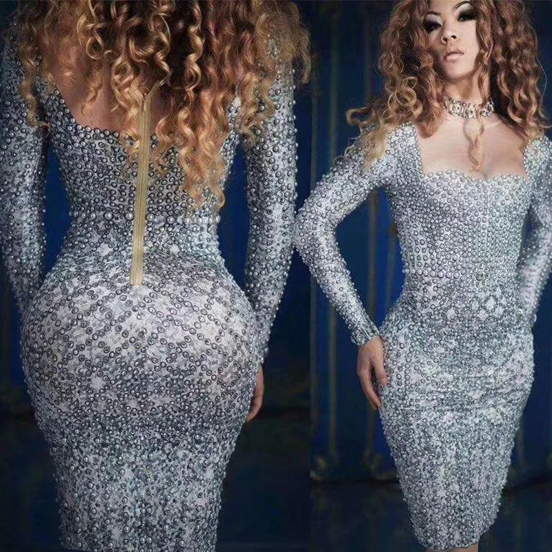 

Sexy Gray Pearl Crystals Slim Dress Women Singer Evening Party Stage Short Dresses Birthday Nightclub Celebration Bar Wear DT510