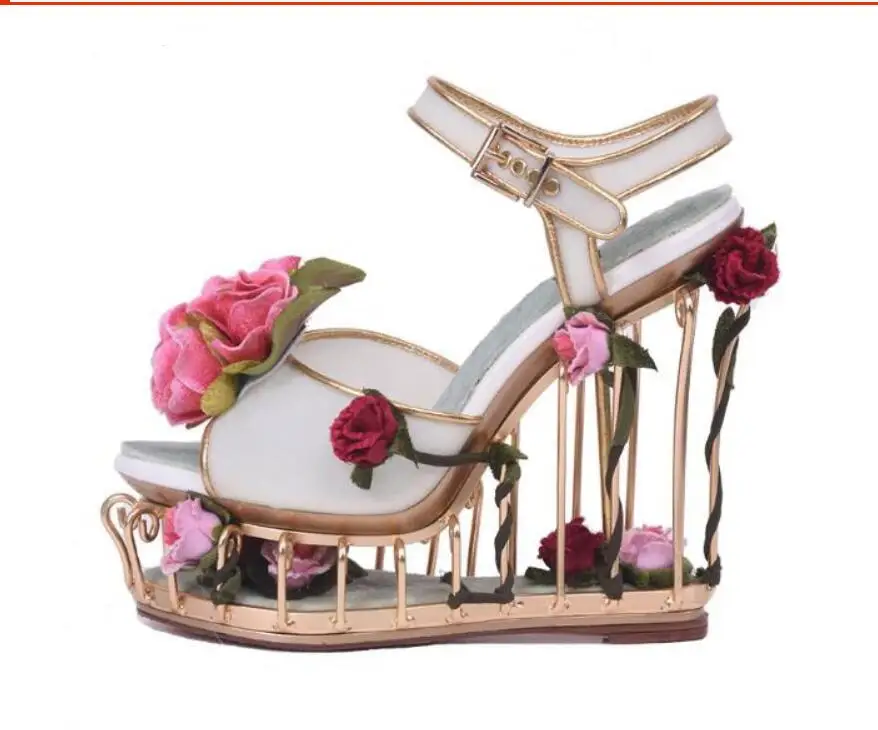 

Unique Peep Toe Woman Sandal Caged Heels Platform Wedge Sandal Women Rose Flowers Cutouts Gladiator sandal Women Party Sandals