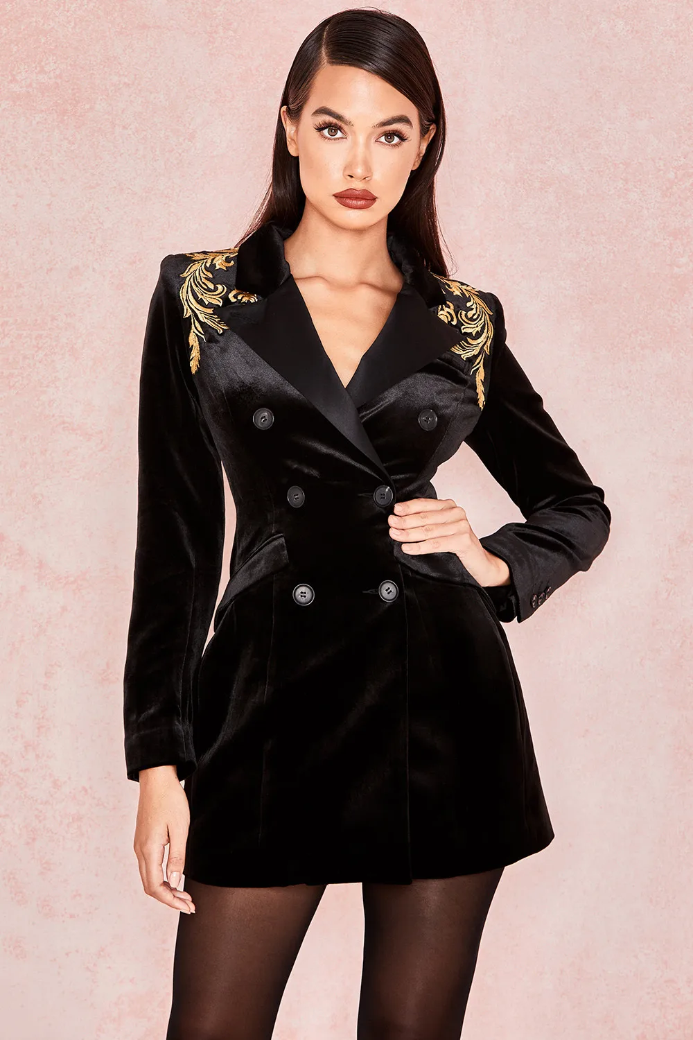 Высокое качество модное черное бархатное пальто с длинными рукавами и глубоким v-образным вырезом вечерняя куртка