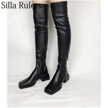 Silla линейки; Новинка года; черные эластичные сапоги выше колена; женские ботинки «Челси» с квадратным носком без застежки; женские высокие сапоги