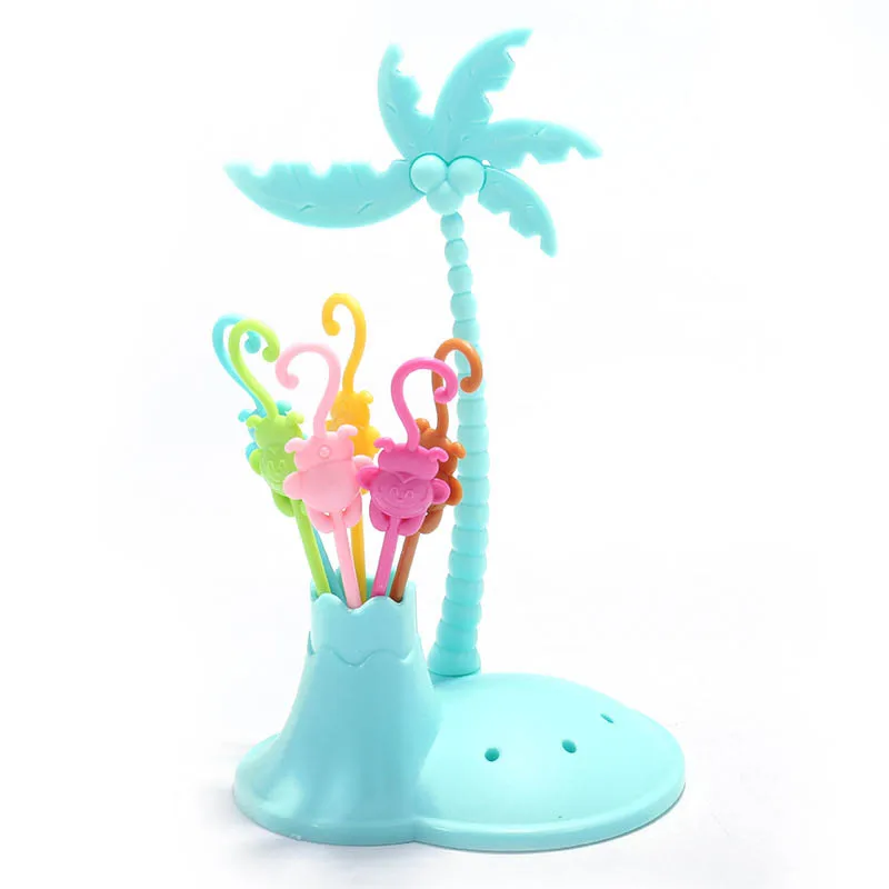 FHEAL Cute Coconut Tree Monkeys Creative Fruit Fork Set Plastic Fruit Forks Vegetable Fruit Dessert Fork Set Toothpick Holder (12)