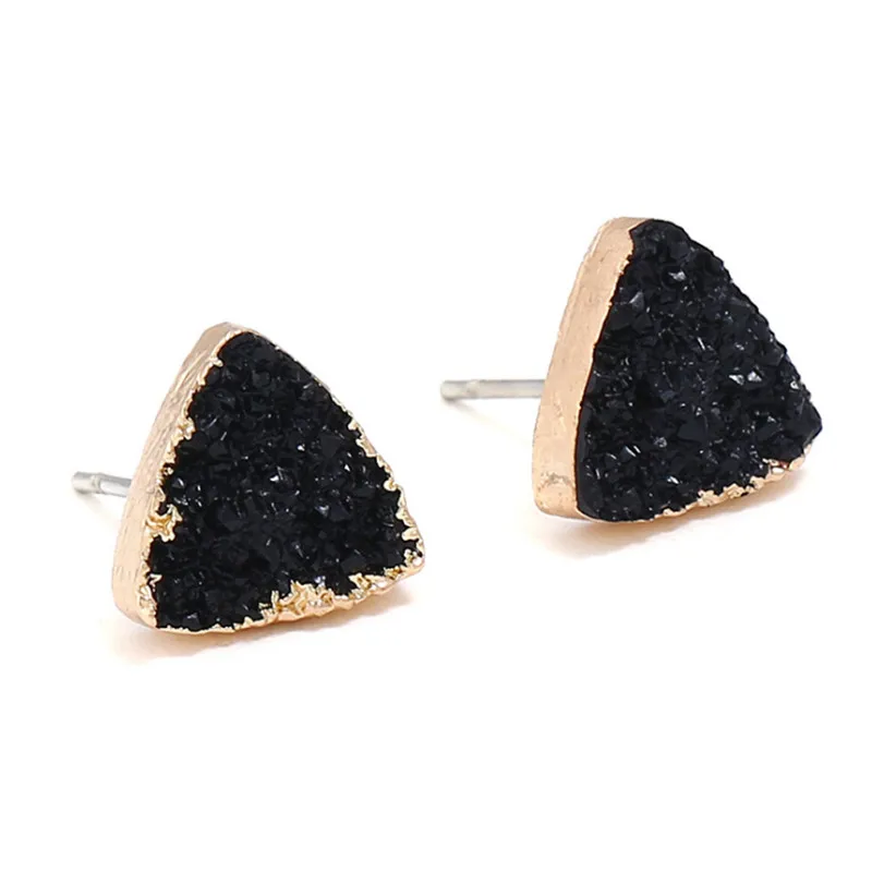 

Unique Design Broncos Resin Quartz Crystal Stud Earrings For Women Gold Color Triangle and Round 3 Color Stone Black Earring
