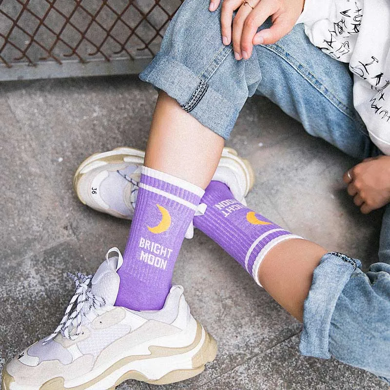 Men Women Harajuku Hip Hop Autumn Elastic Rib Trim Long Crew Socks New Moon Letters Stripes Printed Couples Cotton Tube Hosiery