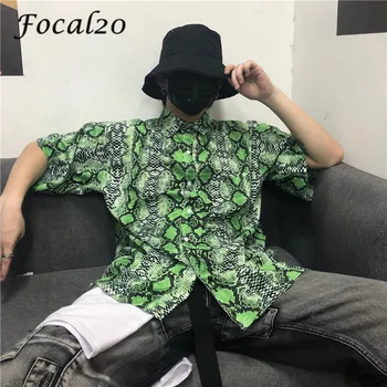 

Focal20 Harajuku Snake Print Lady Blouse Short Sleeve Turn Down Collar Loose Summer Spring Color Block Women Shirt Blouse