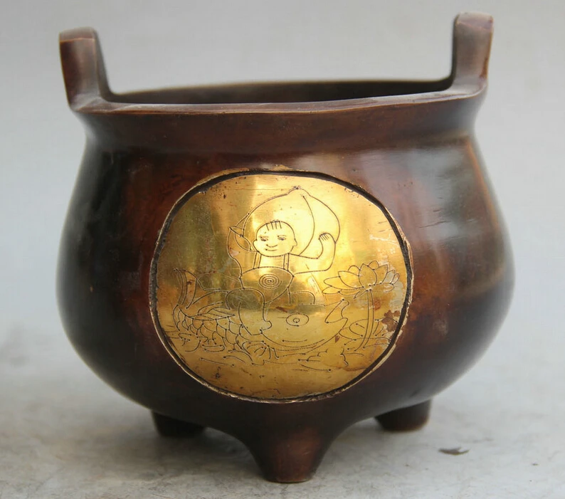 

Collectible bronze S1659 6" Marked Chinese Bronze Gild Tong Zi Boy flower handle Incense Burner Censer