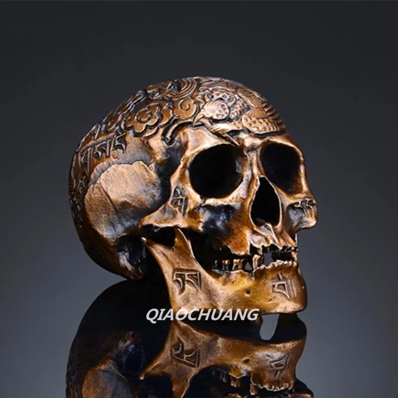 

Handmade Bronze Casting Statue Kapala Carved Mini Human Skull Tibetan Buddhism Pisces Bone Metal Crafts Collectible Model Toy