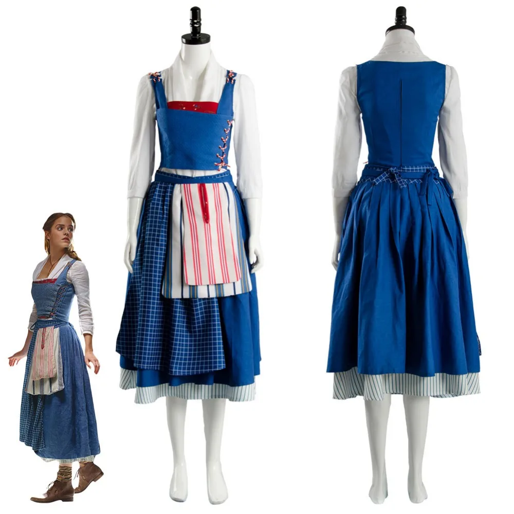 2017 Movie Beauty and the Beast Belle Blue Maid Costume Cosplay Dress Full Set