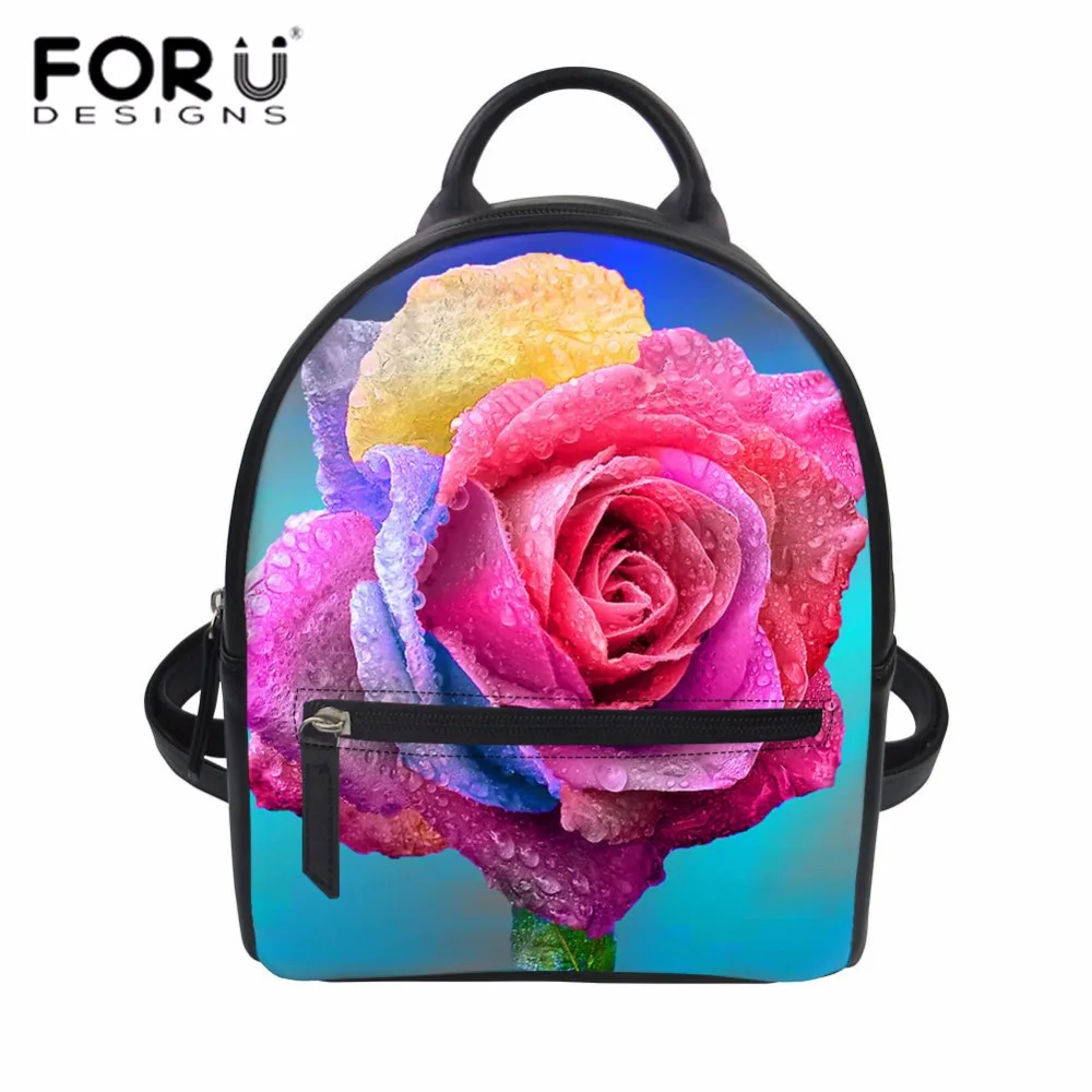 

FORUDESIGNS PU Leather Backpack Women Colorful Folral Printing Travel Rucksack Teenager Girls Daily Daypack Shopping Mini Bolsa