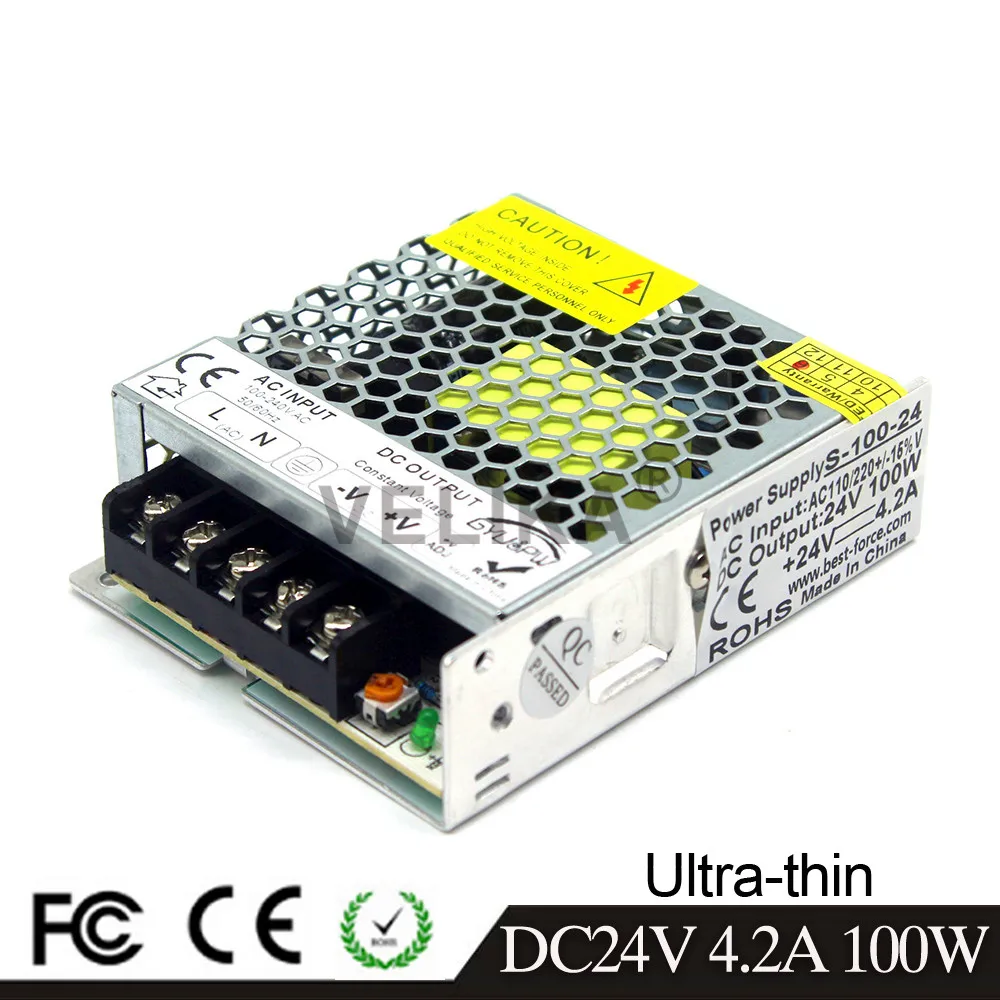 Один Выход ультра-тонкий импульсный источник питания DC24V 4.2A 100 Вт Трансформатор 110 V 220 V AC к DC 24 В SMPS для светодио дный подсветкой
