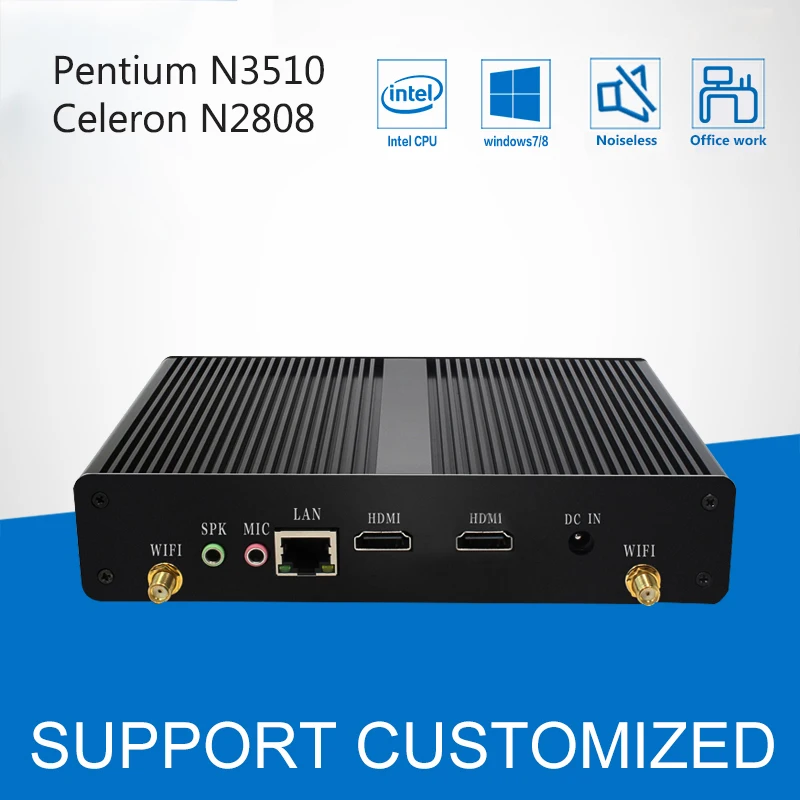 Без вентилятора мини-ПК офисный компьютер Celeron N2808 Pentium N3510 4 ядра 2 * HDMI Media Player Windows 10 мини настольных HTPC Дисплей